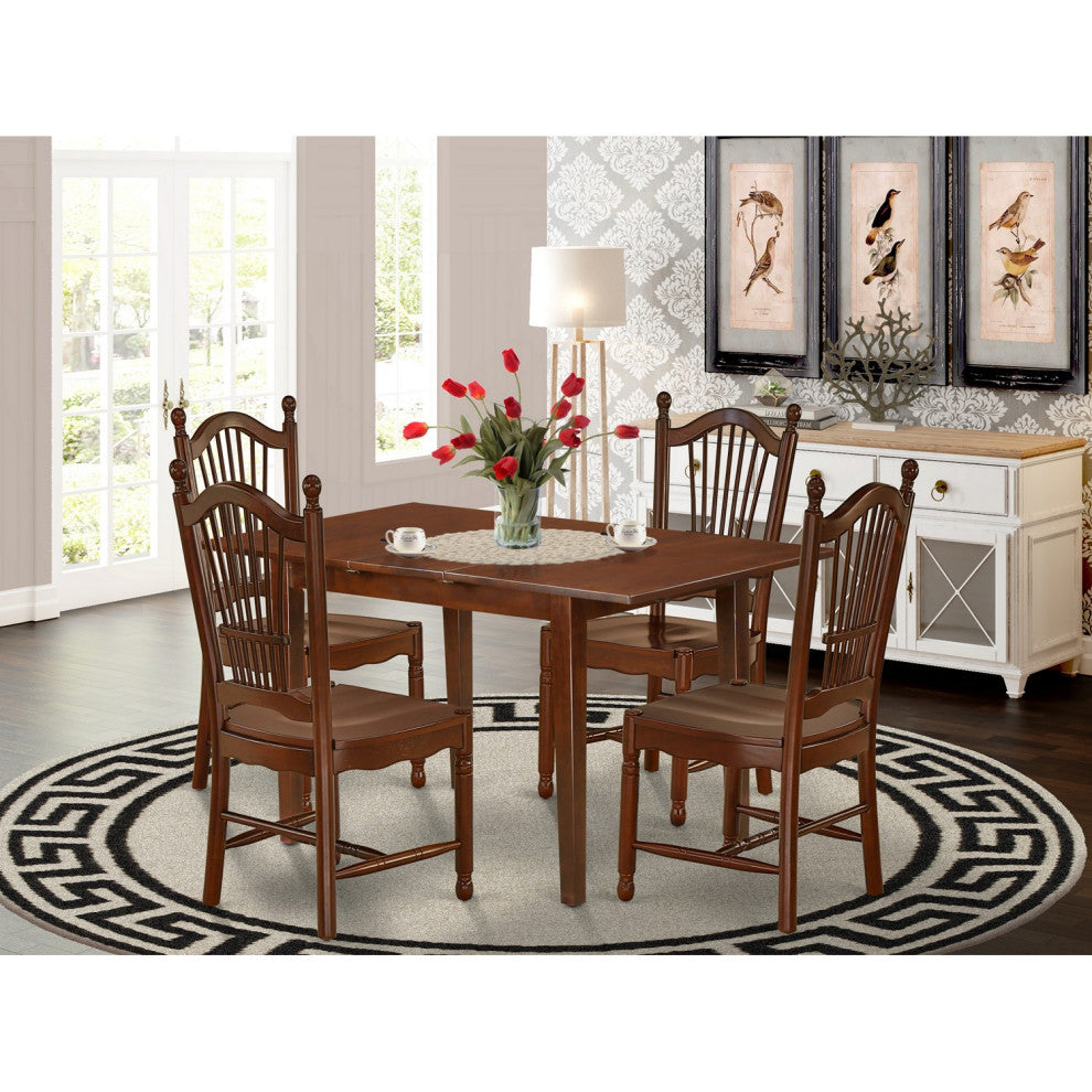 5Pc 48/60" Kitchen Table, 12 In Self Storing Butterfly Leaf, Four Wood Chairs