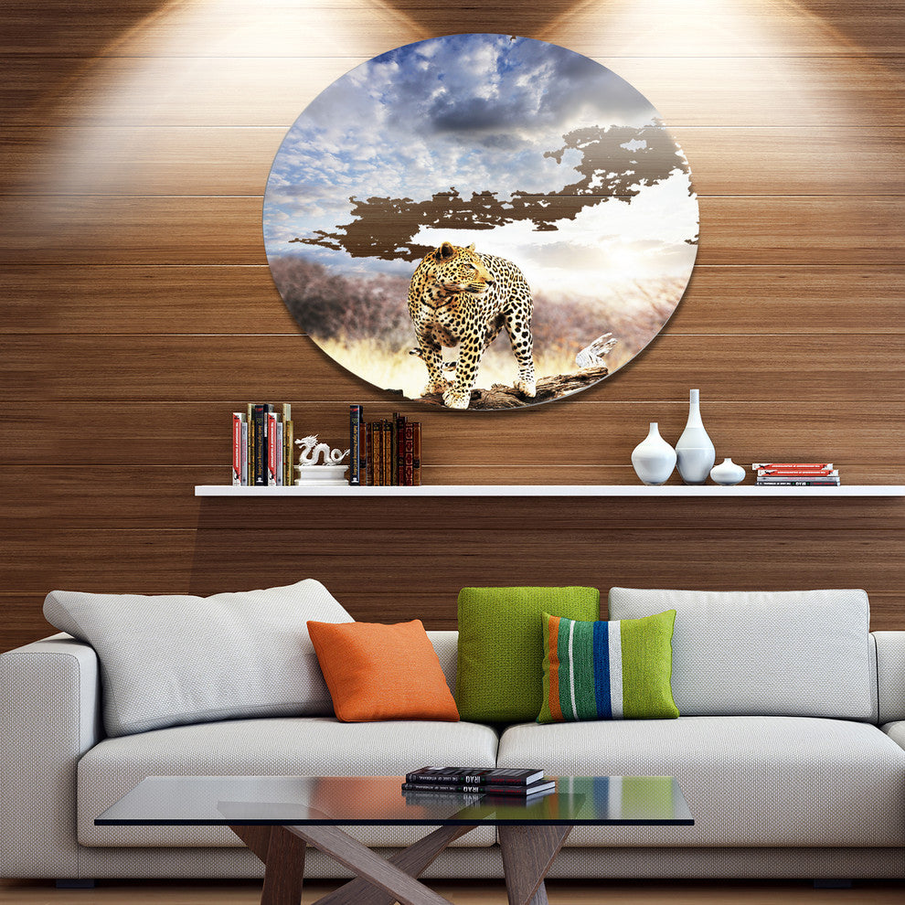 Leopard Walking Under Cloudy Sky, African Round Metal Wall Art, 11"