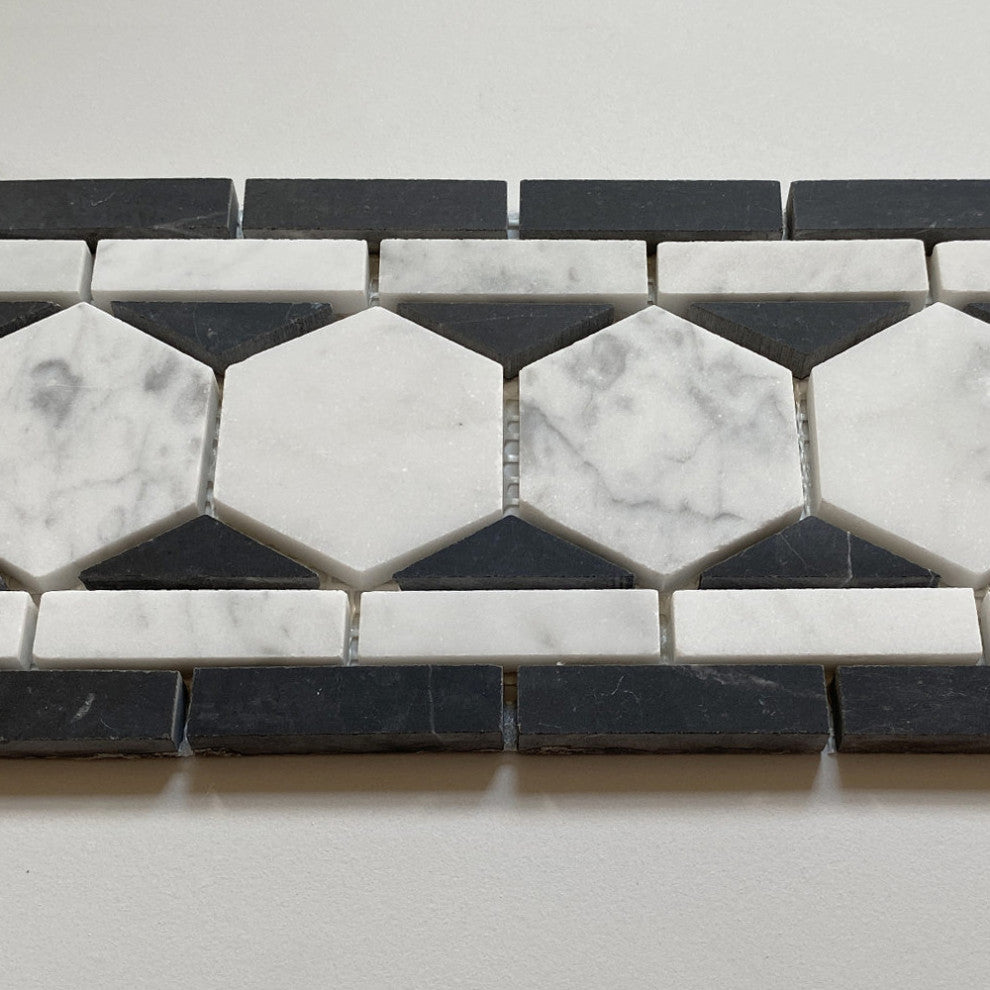 Carrara White Marble 2 Hexagon Listello Mosaic Border Tile Black Honed, 1 sheet