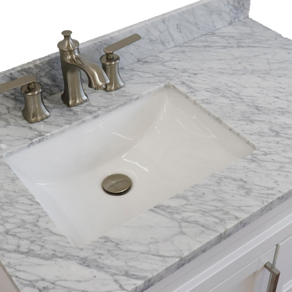 37" Single Sink Vanity, White Finish With White Carrara Marble