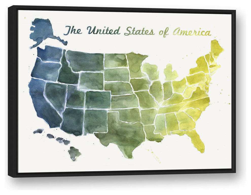 United States Blue and Green Watercolor Map 30x40 Black Floating Framed Canvas