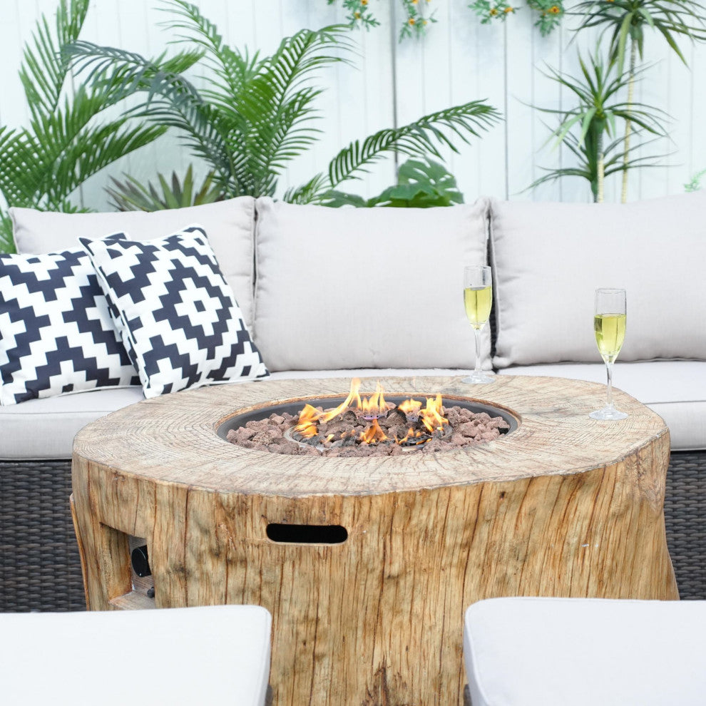 7-piece Patio Wicker Garden Chat Sofa Set with Fire pit and Storage Box, Round