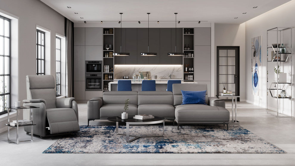 Rousso Slate Leather Sectional With Ratcheting Headrests, Right Chaise