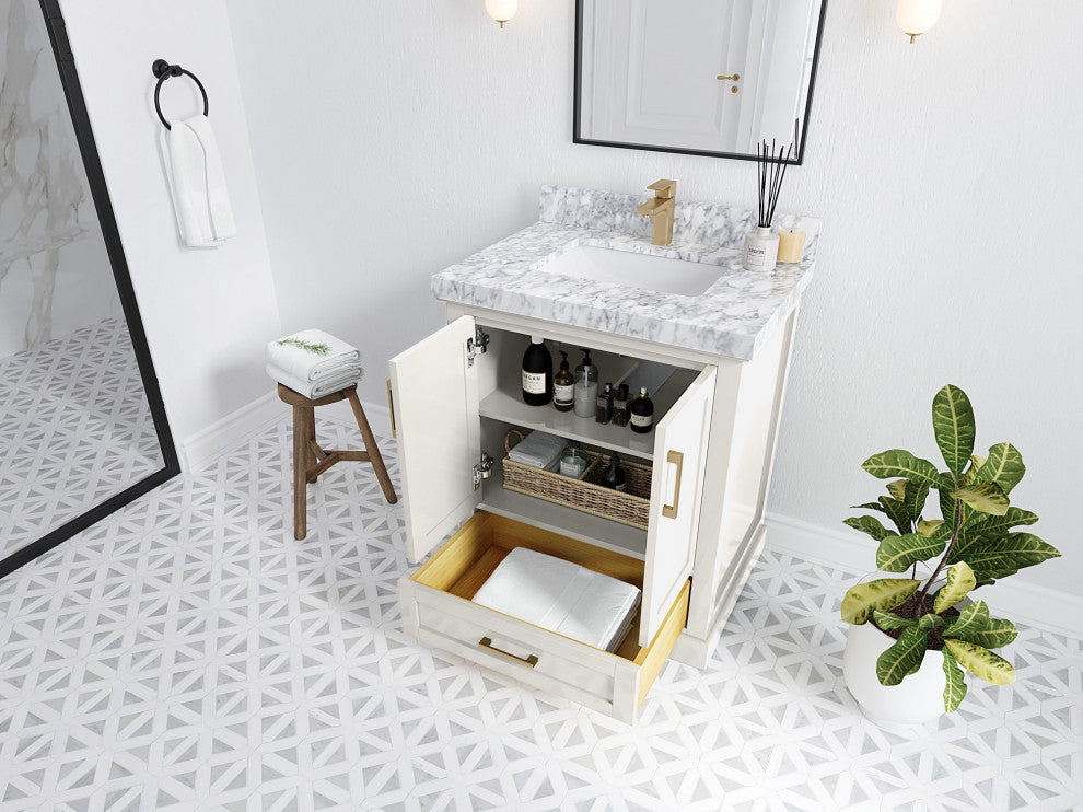 Boston 30" Single Sink Bath Vanity in Alabaster 2" Viola Gold