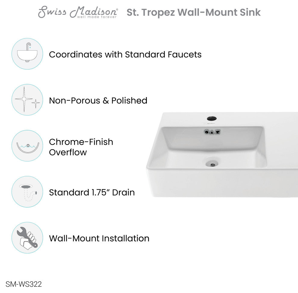 St. Tropez 24"x18" Ceramic Wall Hung Sink With Left Faucet Mount, Glossy White