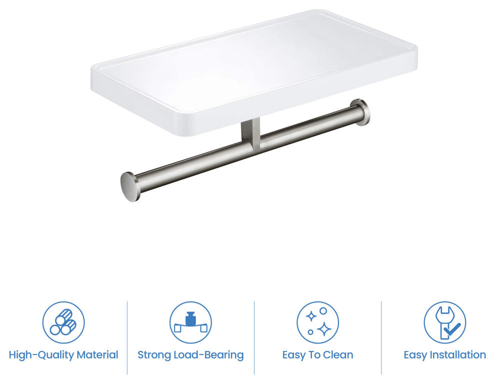 Deco Bathroom Toilet Paper Holder Double Roll With Shelf, Brushed Nickel