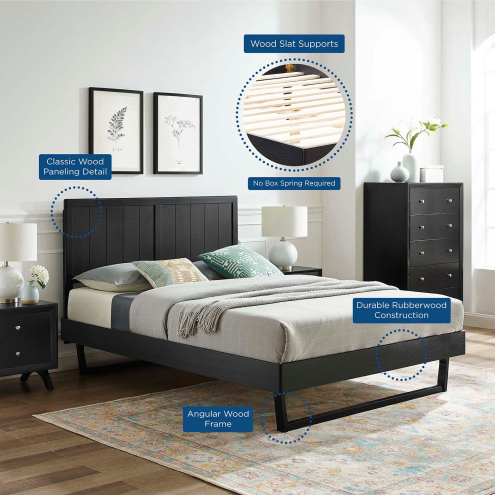Platform Bed Frame, King Size, Wood, Black, Modern Mid-Century, Bedroom Master