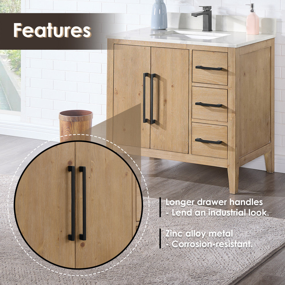 Laurel Bathroom Vanity with Calacatta White Quartz Stone Countertop, Weathered Fir, 36", With Mirror