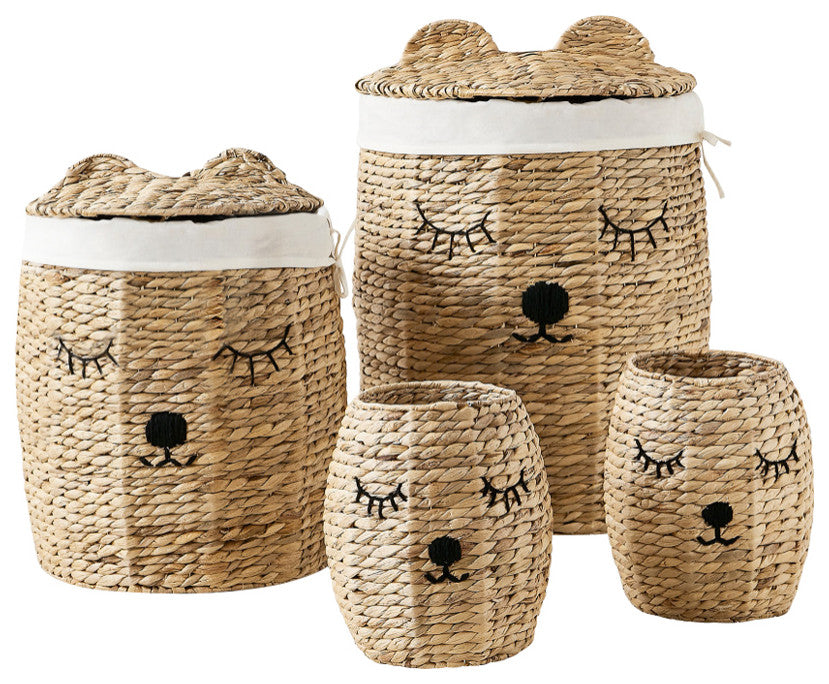 4-Piece Set Round Bear Hamper Set, Natural