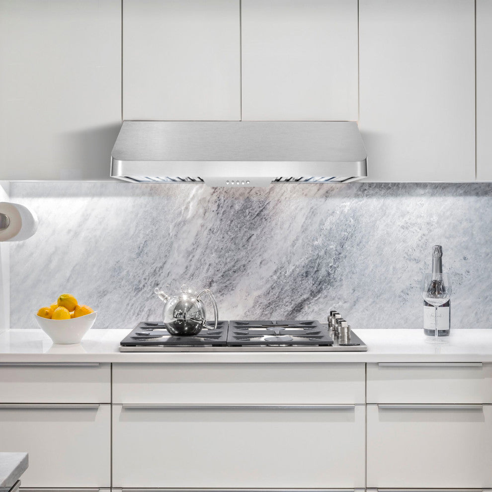 4-Piece, 30" Gas Range, 30" Range Hood, 24" Dishwasher and Refrigerator