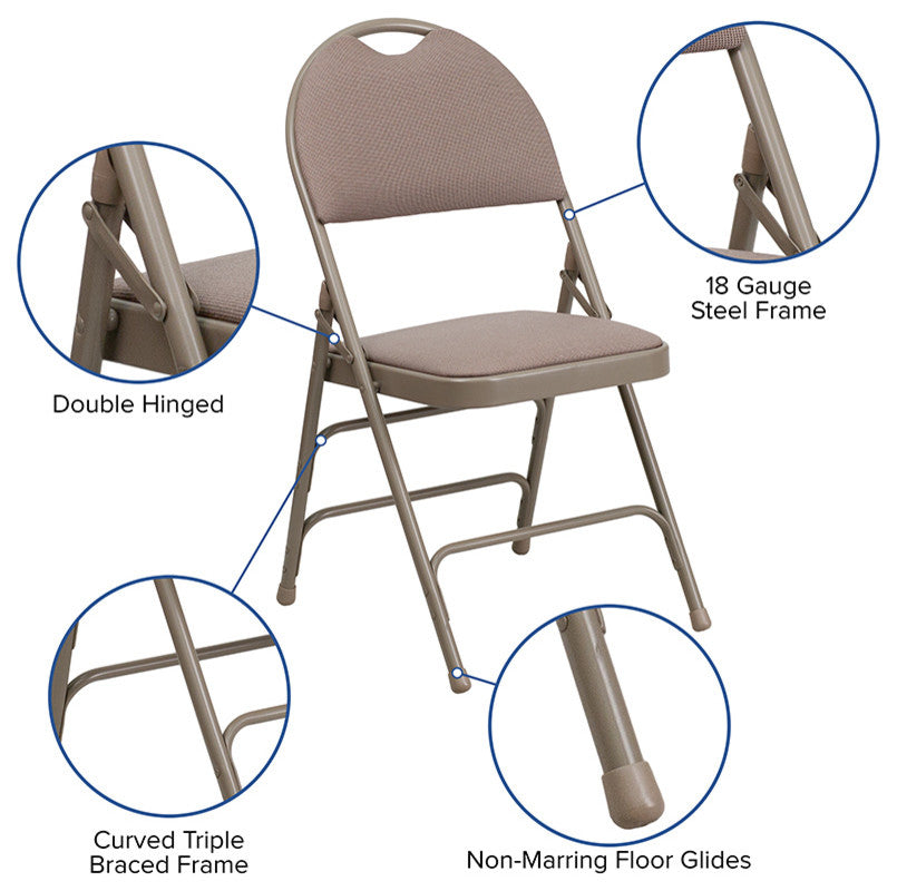Triple Braced Beige Fabric Metal Folding Chair With Easy-Carry Handle, Set of 4