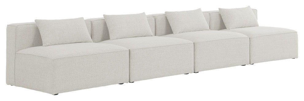 Cube Upholstered Modular Sofa, Cream, 4-Piece: 4 Armless Chair, Linen Texured Fabric
