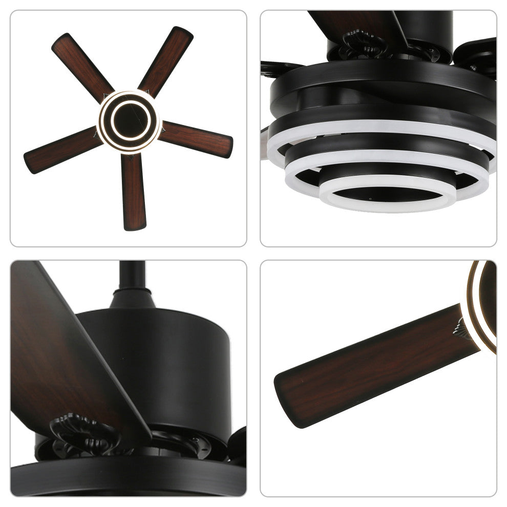 52" Modern Ceiling Fan with Dimmable Light and Remote Control, 6-Speed, Black, 52