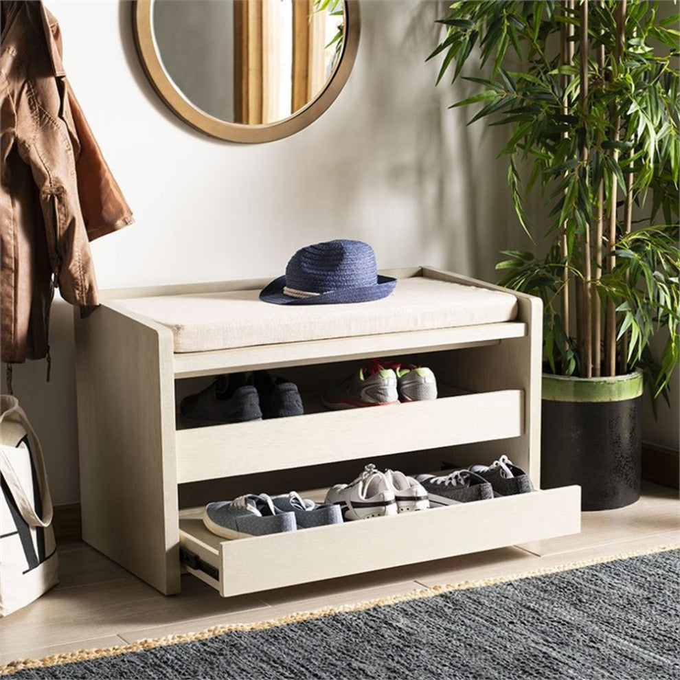 Safavieh Percy Storage Shoe Bench in White Wash and Beige