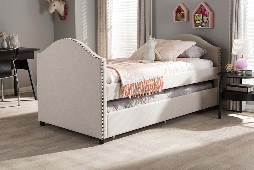Sabrina Fabric Upholstered Daybed With Trundle Bed, Beige