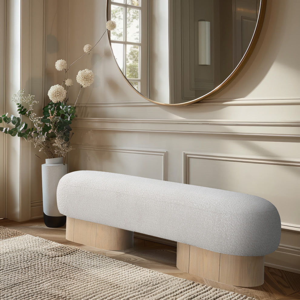 Robertson Boucle Fabric Upholstered Bench, Cream, Natural Oak Finish