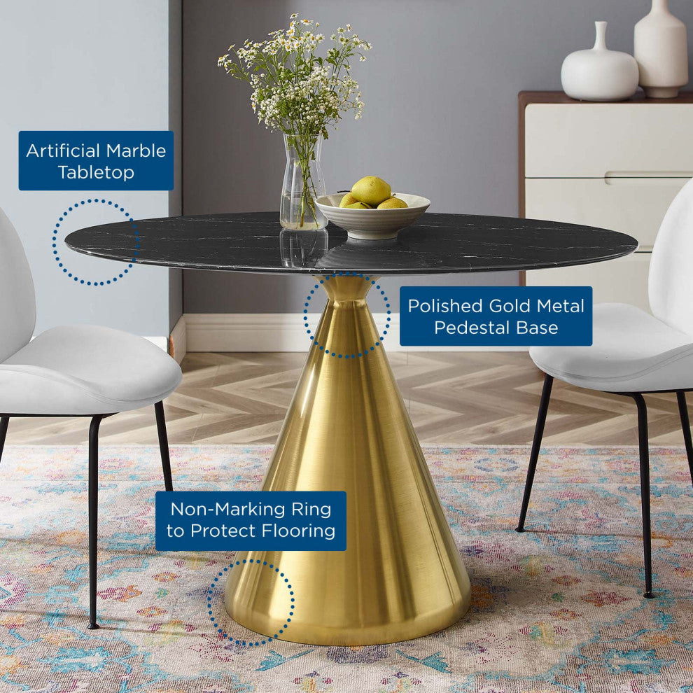 Dining Table, Oval, Artificial Marble, Metal, Gold Black, Cafe Bistro Restaurant