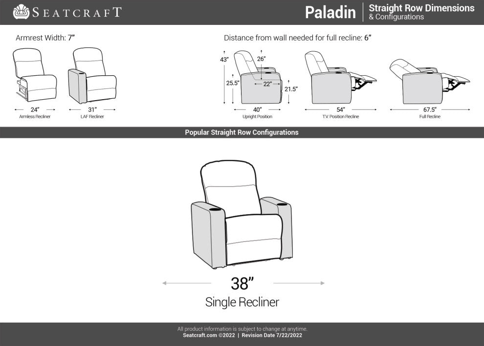 Seatcraft Paladin Home Theater Seating, Black, Row of 1