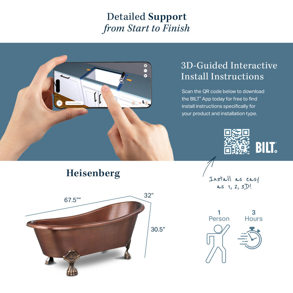 Heisenberg 5'6" Copper Freestanding Clawfoot Bathtub With No Overflow
