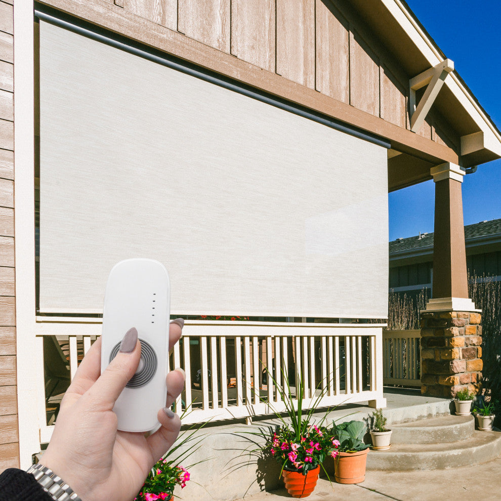 Outdoor Valanced Remote Control Operated Sunshade, Pearl Fabric, Pearl, 96x96