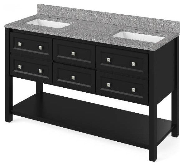 Adler Transitional 60" Black Double Sink Vanity, Boulder Cultured Marble Vanity