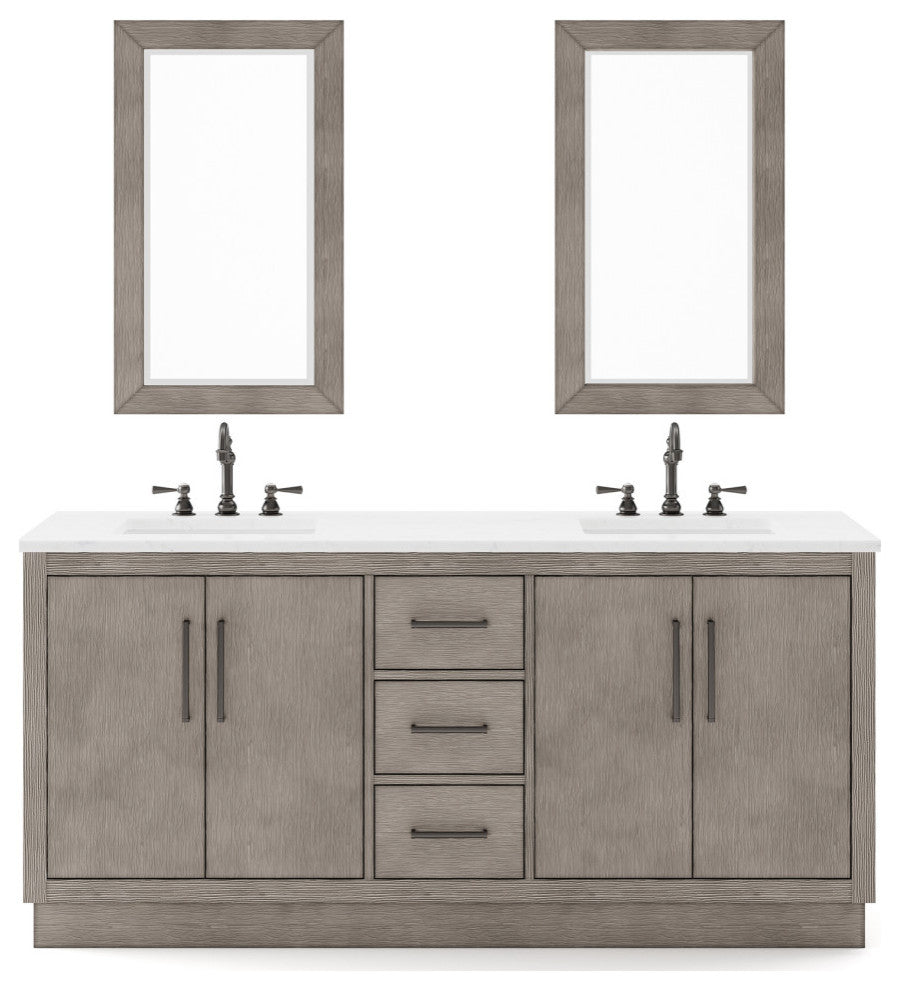 Hugo Carrara White Marble Countertop Bathroom Vanity in Grey Oak, Bronze Handle, 72", Vanity With Mirror