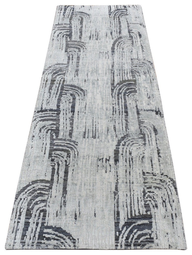 Cloud Gray The Cane Design Silk With Wool Hand Knotted Runner Rug, 2'7"x8'