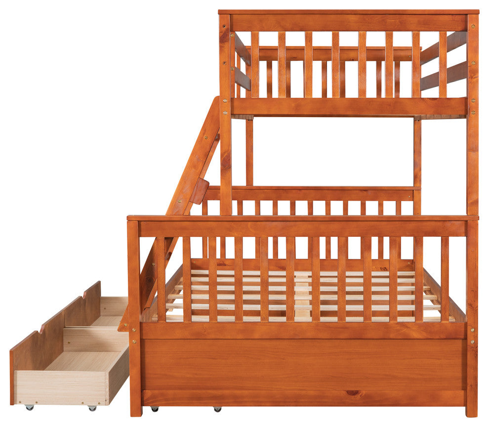 TATEUS Twin Over Full Bunk Bed With Storage Drawers Wood Bunked Bed, Walnut