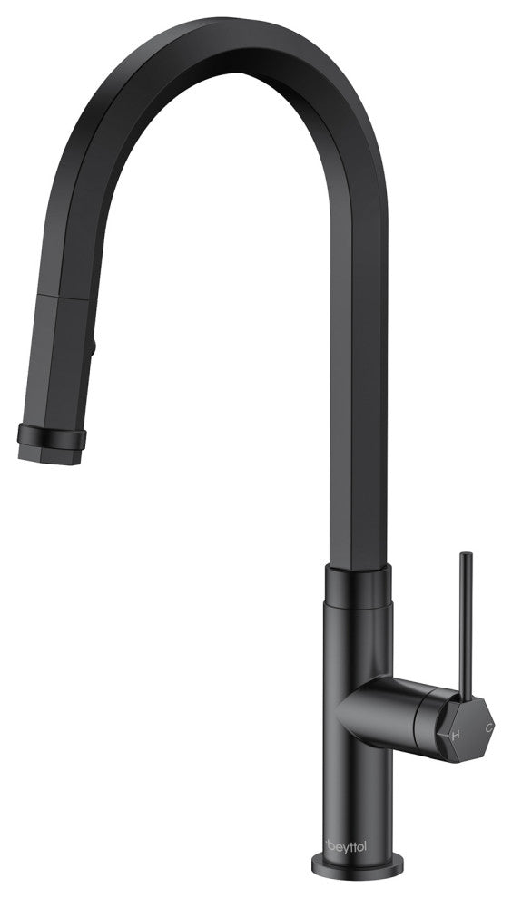 Single Handle Deck Mounted High Arc Pull Down Brass Kitchen Faucet, Matte Black
