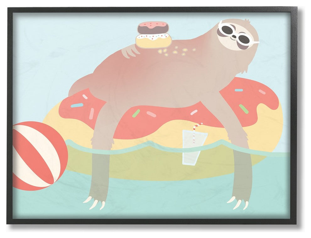 The Kids Room Cartoon Lazy Sloth In a Donut Float Framed Giclee Art, 11"x14"