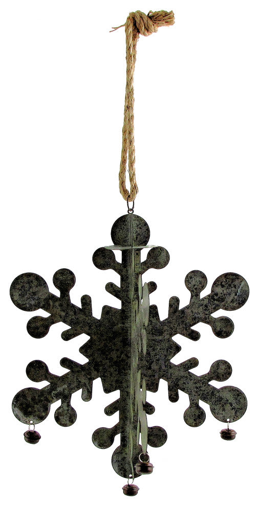 Hanging Galvanized Folding Snowflakes With Bells, Set of 6