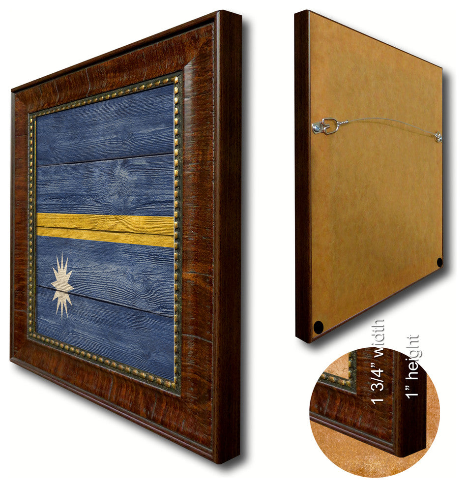 Nauru Country Textured Flag Print With Brown Gold Frame, 19"X27"