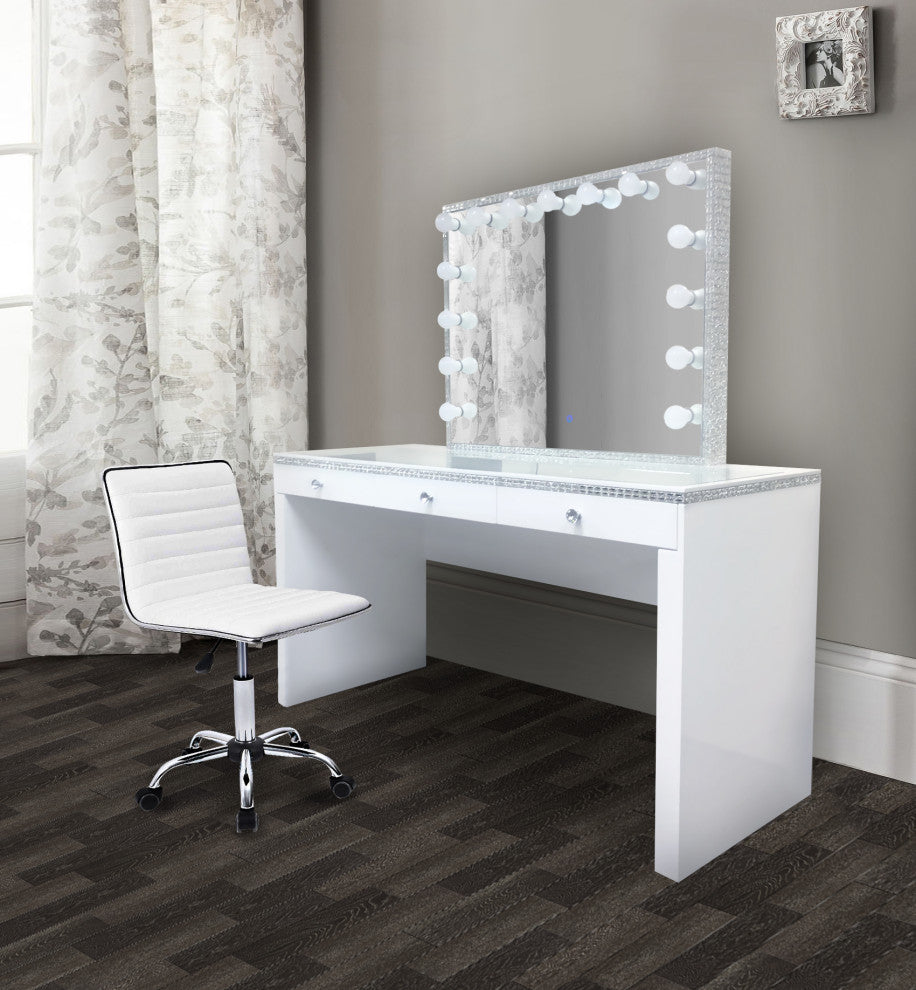 Glam-crystal Vanity Set With LED Mirror and Dimmer, White