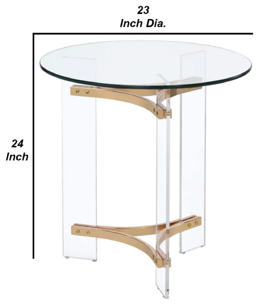 Benzara BM275492 23" Round End Table, Glass Top, Acrylic Legs, Clear, Gold