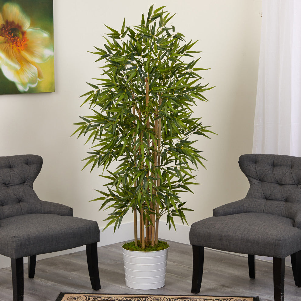 64" Bamboo Artificial Tree, White Tin Planter