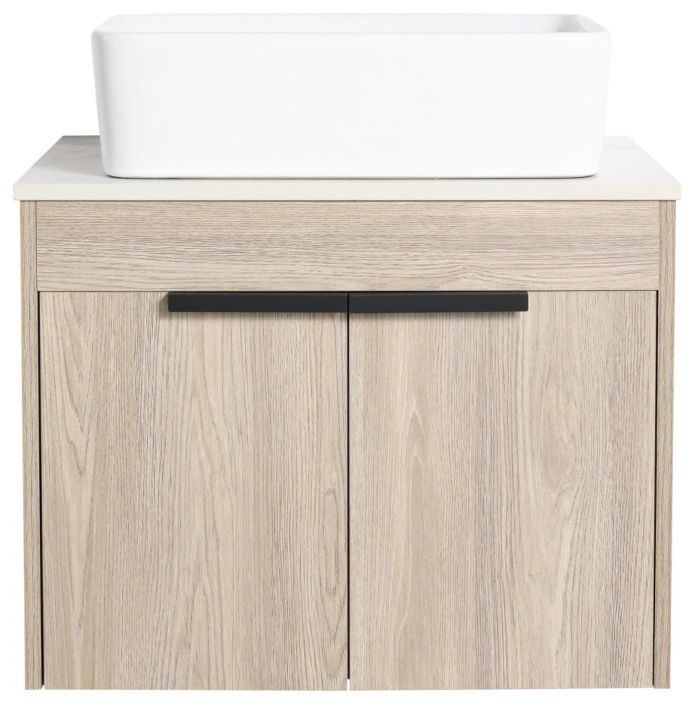 Wall-Mounted Bath Vanity, White Oak, White Ceramic Vessel Sink