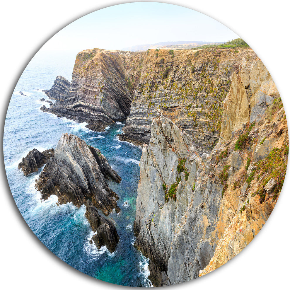 Blue Rocky Bay Portugal Panorama, Seashore Round Metal Wall Art, 11"