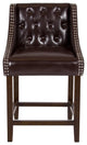 Tufted Walnut Counter Height Stool With Accent Nail Trim, Brown Leather