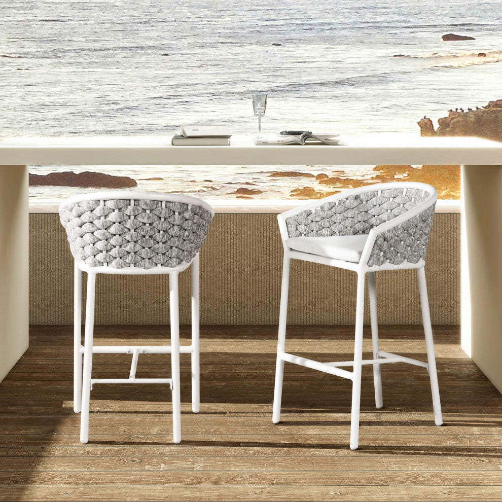 Rowan 27.5" Aluminum Rope Barrel Patio Counter Stool, Set of 2, Optic White Acrylic