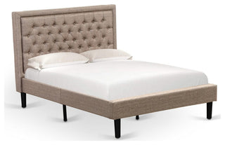 3Pc Bed Set, 1 Platform Bed Frame Dark Khaki Padded, 2 Nightstands, Black Legs