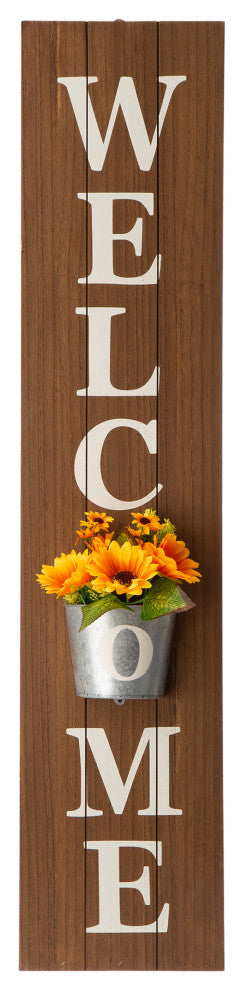 42" Wooden WELCOME Porch Sign With Metal Planter, Natural