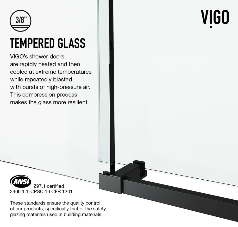 VIGO Elan E-Class Frameless Sliding Shower Enclosure, Matte Black, 36" D X 48" W X 82" H, Left Base