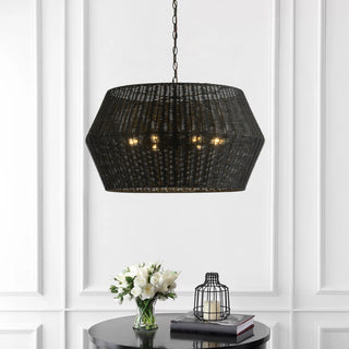 Matte Black 6-Light Natural Handwoven Rattan Pendant Light