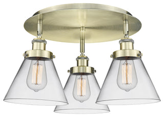 Cone-3 Light 20" Flush Mount-Antique Brass, Clear Glass Shade