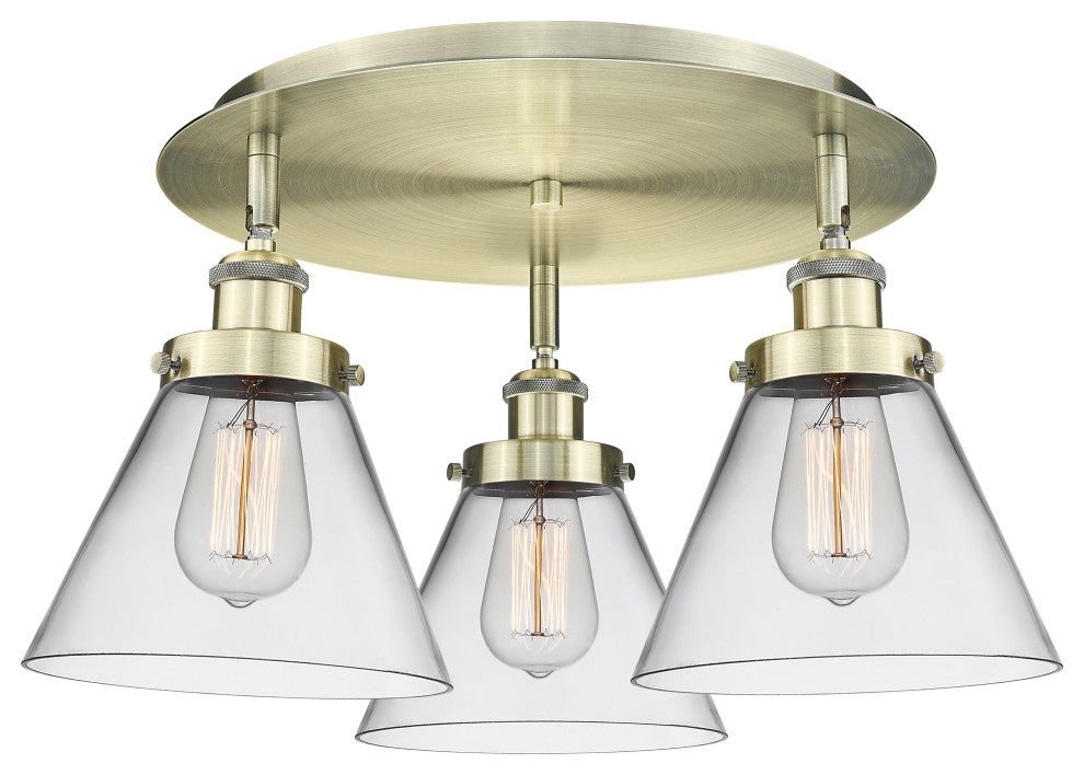 Cone-3 Light 20" Flush Mount-Antique Brass, Clear Glass Shade