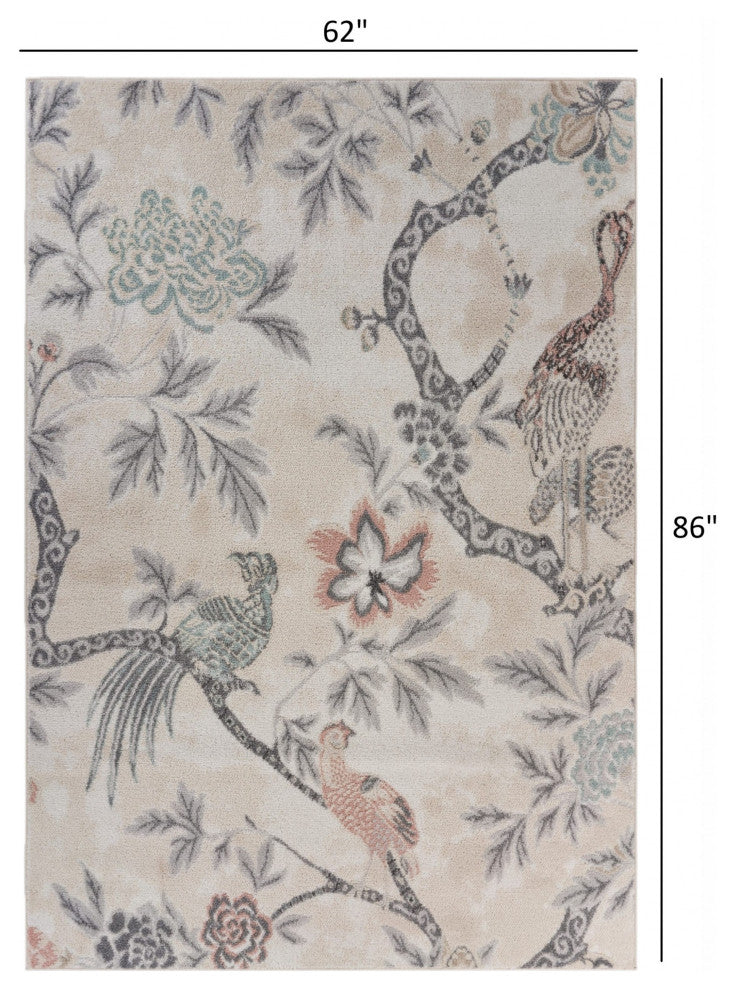 5" x 7" Soft Beige Birds and Trees Area Rug