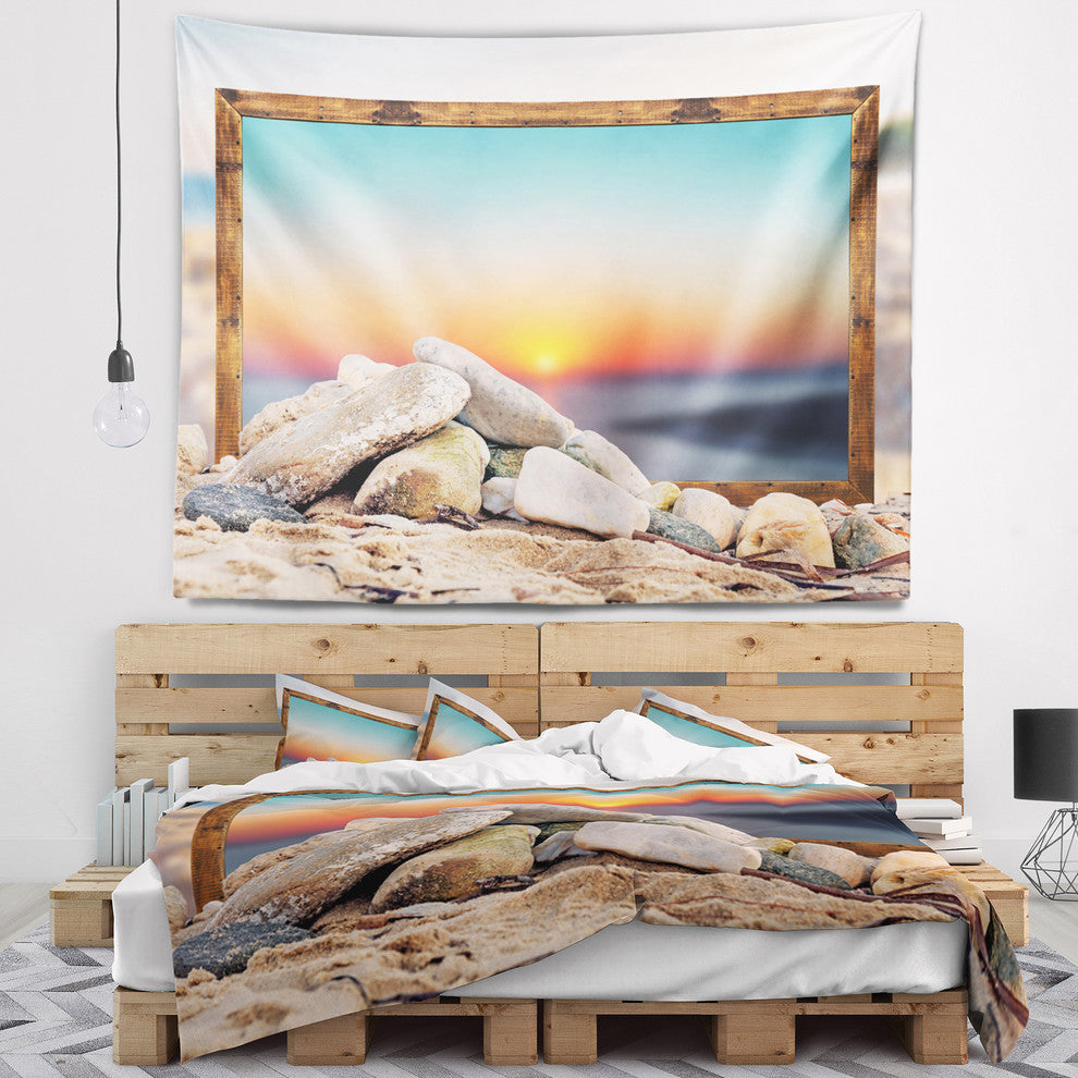 Framed Effect Blurred Beach Seashore Wall Tapestry, 60"x50"