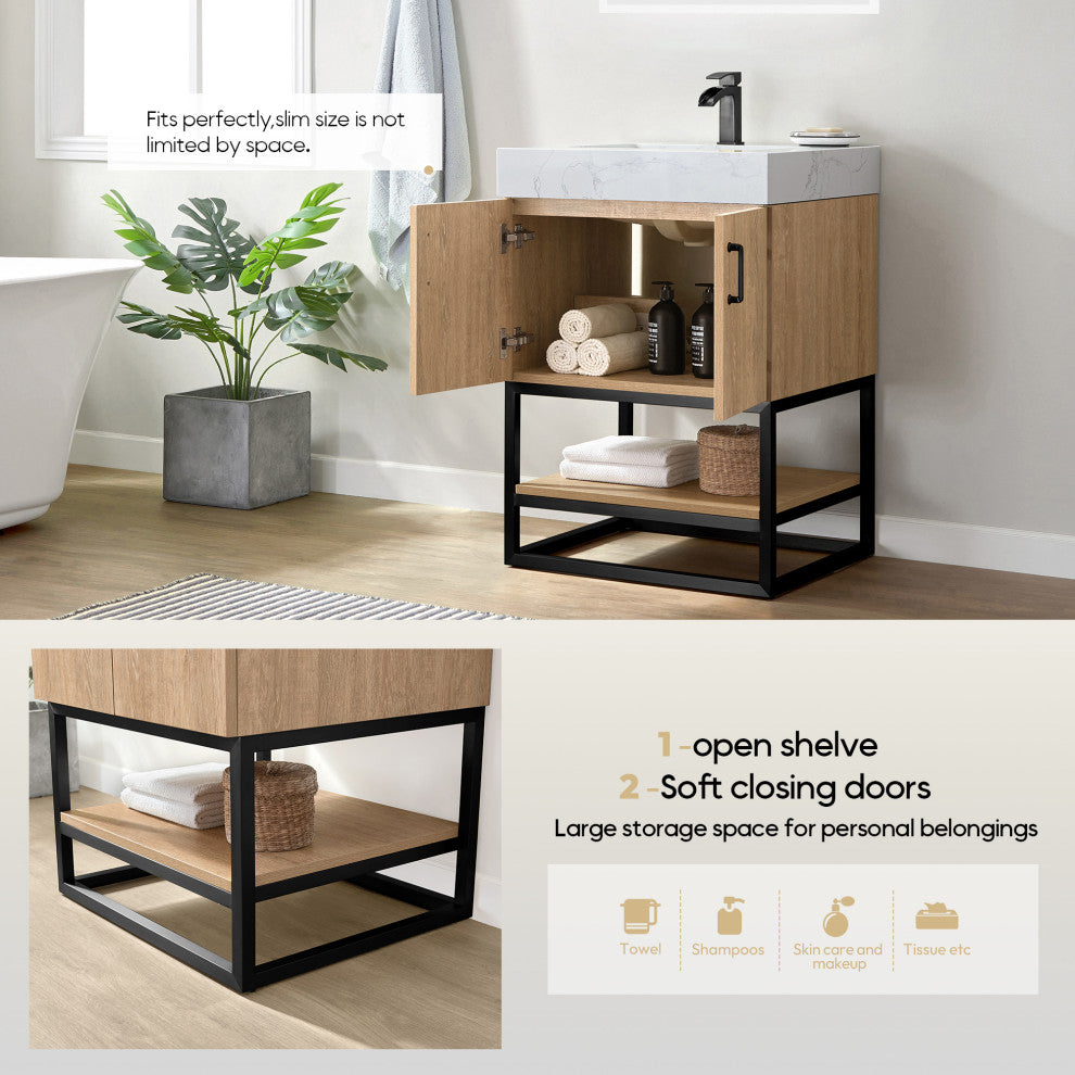Alistair Vanity, North American Oak, Matte Black Hardware, 24", With Mirror
