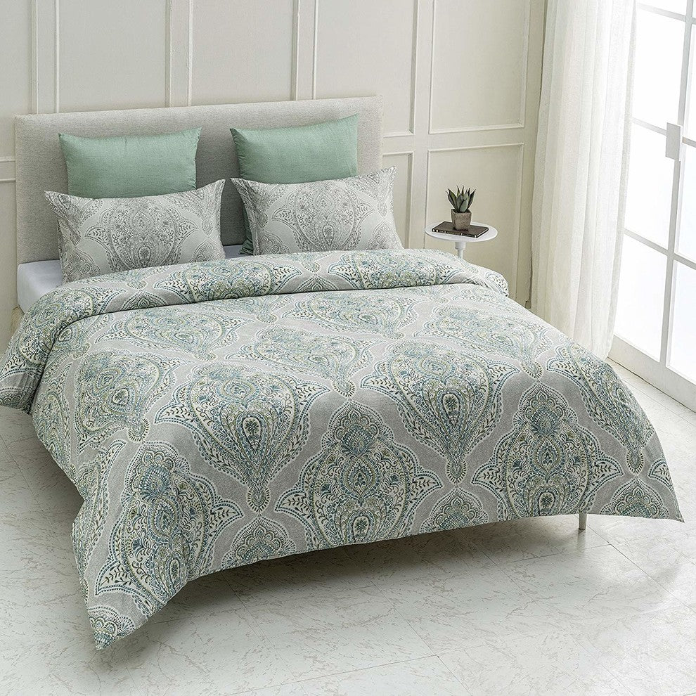 Genia Reversible Print Cotton Duvet Cover and Shams, 3-Piece Set, Queen