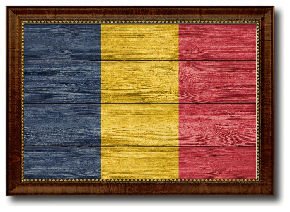 Chad Country Textured Flag Print With Brown Gold Frame, 19"X27"